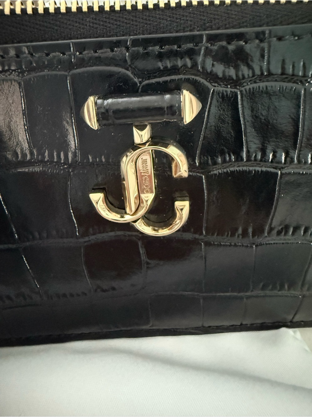 Jimmy Choo Black Croc-Embossed Leather Zip Card Case with Gold JC Logo - Picture 7 of 13